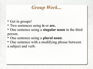 Group Work...

Get in groups!

Two sentences using is or are.

One sentence using a singular noun in the third
person.

One sentence using a plural noun.

One sentence with a modifying phrase between
a subject and verb.
 