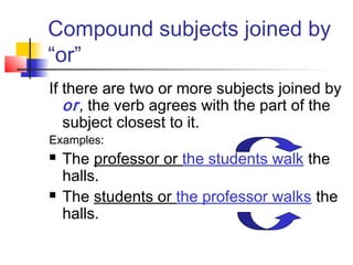 Compound subjects joined by
“or”
If there are two or more subjects joined by
or, the verb agrees with the part of the
subject closest to it.
Examples:




The professor or the students walk the
halls.
The students or the professor walks the
halls.

 