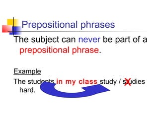 Prepositional phrases
The subject can never be part of a
prepositional phrase.
Example
The students in my class study / studies
X
hard.

 