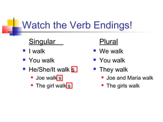 Watch the Verb Endings!
Singular




I walk
You walk
He/She/It walk s



Joe walk s
The girl walk s

Plural




We walk
You walk
They walk



Joe and Maria walk
The girls walk

 