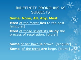 Some, None, All, Any, Most
Most of the forest lies to the east.
[singular]
Most of those scientists study the
process of respiration. [plural]
Some of her lawn is brown. [singular]
Some of the ferns are large. [plural]
INDEFINITE PRONOUNS AS
SUBJECTS
 