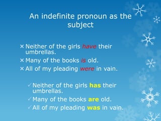 An indefinite pronoun as the
subject
Neither of the girls have their
umbrellas.
Many of the books is old.
All of my pleading were in vain.
Neither of the girls has their
umbrellas.
Many of the books are old.
All of my pleading was in vain.
 