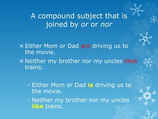 A compound subject that is
joined by or or nor
Either Mom or Dad are driving us to
the movie.
Neither my brother nor my uncles likes
trains.
Either Mom or Dad is driving us to
the movie.
Neither my brother nor my uncles
like trains.
 