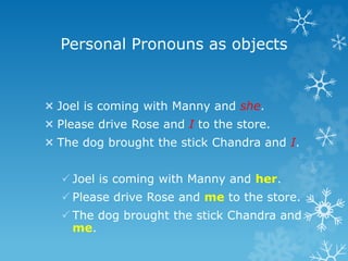 Personal Pronouns as objects
 Joel is coming with Manny and she.
 Please drive Rose and I to the store.
 The dog brought the stick Chandra and I.
 Joel is coming with Manny and her.
 Please drive Rose and me to the store.
 The dog brought the stick Chandra and
me.
 