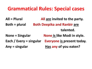 Grammatical Rules: Special cases
All = Plural All are invited to the party.
Both = plural Both Deepika and Ranbir are
talented.
None = Singular None is like Modi in style.
Each / Every = singular Everyone is present today.
Any = singular Has any of you eaten?
 
