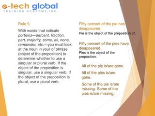Fifty percent of the pies have
disappeared.
Pies is the object of the
preposition.
Rule 9.
With words that indicate
portions—percent, fraction,
part, majority, some, all, none,
remainder, etc.—you must look
at the noun in your of phrase
(object of the preposition) to
determine whether to use a
singular or plural verb. If the
object of the preposition is
singular, use a singular verb. If
the object of the preposition is
plural, use a plural verb.
All of the pie is/are gone.
All of the pies is/are
gone.
Some of the pie is/are
missing. Some of the
pies is/are missing.
Fifty percent of the pie has
disappeared.
Pie is the object of the preposition of.
 