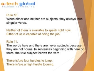 Rule 10.
When either and neither are subjects, they always take
singular verbs.
Neither of them is available to speak right now.
Either of us is capable of doing the job.
Rule 11.
The words here and there are never subjects because
they are not nouns. In sentences beginning with here or
there, the true subject follows the verb.
There is/are four hurdles to jump.
There is/are a high hurdle to jump.
 