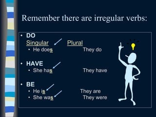 Remember there are irregular verbs:
• DO
Singular Plural
• He does They do
• HAVE
• She has They have
• BE
• He is They are
• She was They were
 