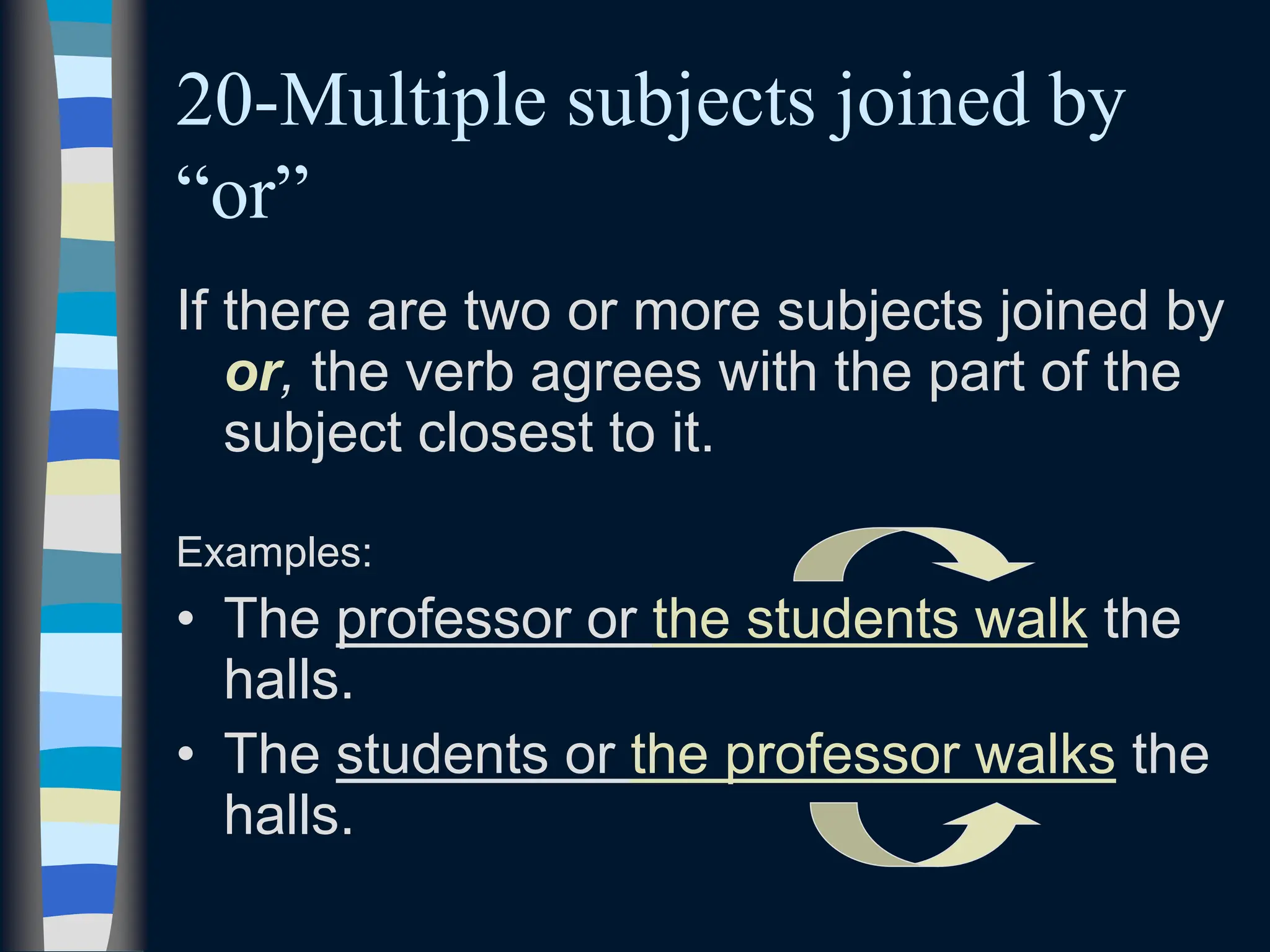 20-Multiple subjects joined by
“or”
If there are two or more subjects joined by
or, the verb agrees with the part of the
subject closest to it.
Examples:
• The professor or the students walk the
halls.
• The students or the professor walks the
halls.
 
