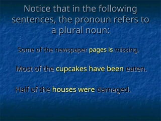 Notice that in the following
Notice that in the following
sentences, the pronoun refers to
sentences, the pronoun refers to
a plural noun:
a plural noun:
Some of the newspaper
Some of the newspaper pages is
pages is missing.
missing.
Most of the
Most of the cupcakes have been
cupcakes have been eaten.
eaten.
Half of the
Half of the houses were
houses were damaged.
damaged.
 