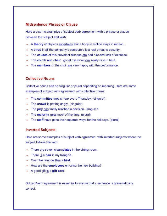 Subject verb agreement examples