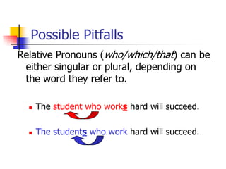  The student finds her new class easy.Prepositional phrasesThe subject can never be part of a prepositional phrase.ExampleThe students in my class study / studies  hard.X