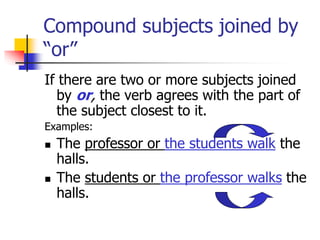 Compound subjects joined by
“or”
If there are two or more subjects joined
by or, the verb agrees with the part of
the subject closest to it.
Examples:
 The professor or the students walk the
halls.
 The students or the professor walks the
halls.
 