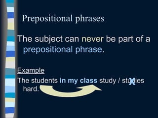 Prepositional phrases
The subject can never be part of a
prepositional phrase.
Example
The students in my class study / studies
hard.
X
 