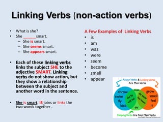 Linking Verbs (non-action verbs)
• What is she?
• She ______smart.
– She is smart.
– She seems smart.
– She appears smart.
• Each of these linking verbs
links the subject SHE to the
adjective SMART. Linking
verbs do not show action, but
they show a relationship
between the subject and
another word in the sentence.
• She is smart. IS joins or links the
two words together .
A Few Examples of Linking Verbs
• is
• am
• was
• were
• seem
• become
• smell
• appear
 
