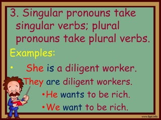 3. Singular pronouns take
singular verbs; plural
pronouns take plural verbs.
Examples:
• She is a diligent worker.
• They are diligent workers.
•He wants to be rich.
•We want to be rich.
 