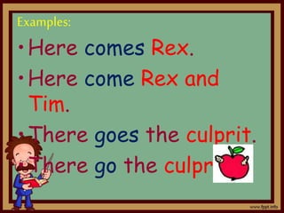 Examples:
•Here comes Rex.
•Here come Rex and
Tim.
•There goes the culprit.
•There go the culprits.
 