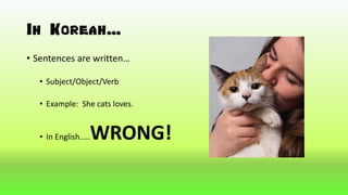 In Korean…
• Sentences are written…
• Subject/Object/Verb
• Example: She cats loves.
• In English…..WRONG!
 