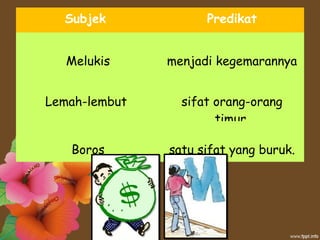 Subjek Predikat
Melukis menjadi kegemarannya
Lemah-lembut sifat orang-orang
timur.
Boros satu sifat yang buruk.
 