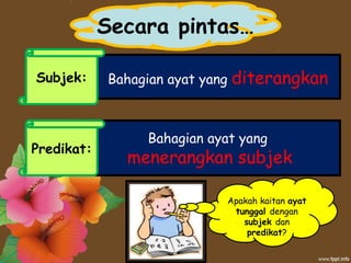 Secara pintas…
Bahagian ayat yang
menerangkan subjek
Bahagian ayat yang diterangkanSubjek:
Predikat:
Apakah kaitan ayat
tunggal dengan
subjek dan
predikat?
 