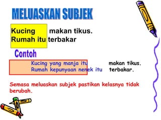 MELUASKAN SUBJEK Contoh Semasa meluaskan subjek pastikan kelasnya tidak berubah.  Kucing  makan tikus. Rumah itu terbakar Kucing yang manja itu   makan tikus. Rumah kepunyaan nenek itu   terbakar. 