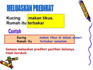 Kucing  makan tikus. Rumah itu terbakar MELUASKAN PREDIKAT Contoh Semasa meluaskan predikat pastikan kelasnya tidak berubah.  Kucing   makan tikus di dalam almari. Rumah itu  terbakar semalam. 