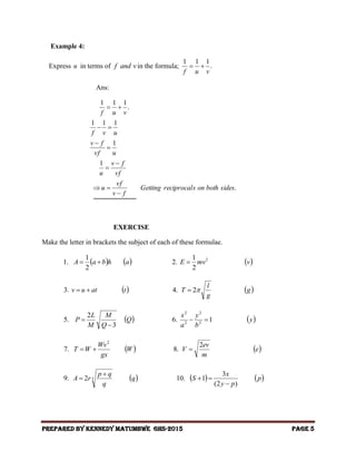 Subject Math Algebra Examples Algebra - Subject of formulae | PDF