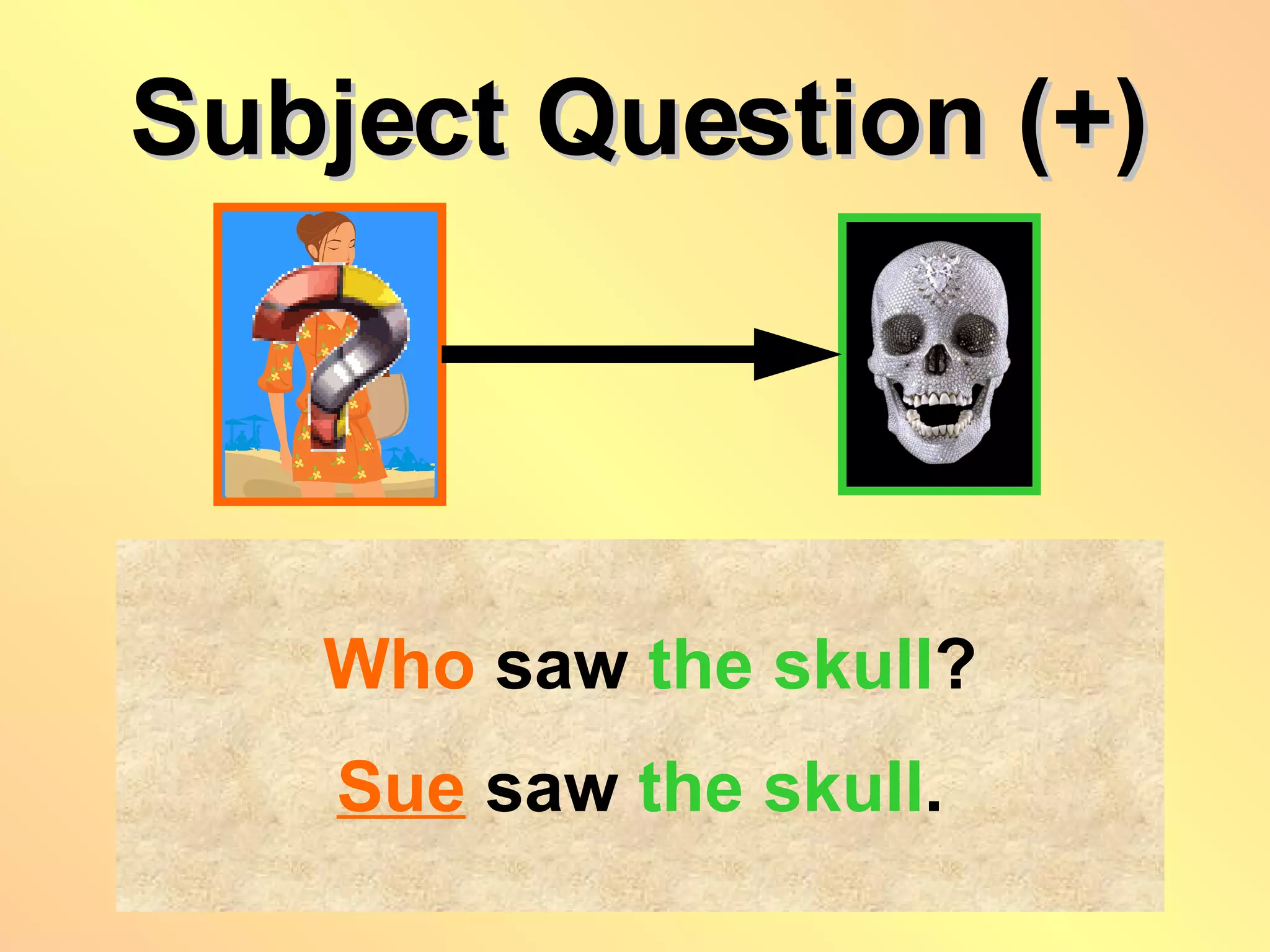 Subject Question (+)   Who   saw  the skull ? Sue   saw   the skull . 