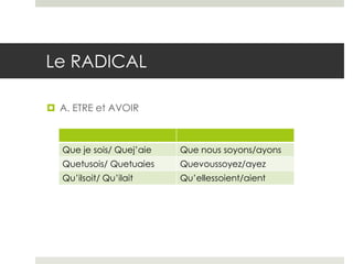 Le RADICAL
 A. ETRE et AVOIR

Que je sois/ Quej’aie

Que nous soyons/ayons

Quetusois/ Quetuaies

Quevoussoyez/ayez

Qu’ilsoit/ Qu’ilait

Qu’ellessoient/aient

 