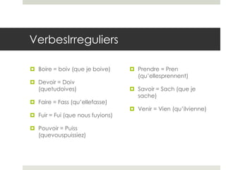 VerbesIrreguliers
 Boire = boiv (que je boive)
 Devoir = Doiv
(quetudoives)
 Faire = Fass (qu’ellefasse)

 Fuir = Fui (que nous fuyions)
 Pouvoir = Puiss
(quevouspuissiez)

 Prendre = Pren
(qu’ellesprennent)
 Savoir = Sach (que je
sache)
 Venir = Vien (qu’ilvienne)

 