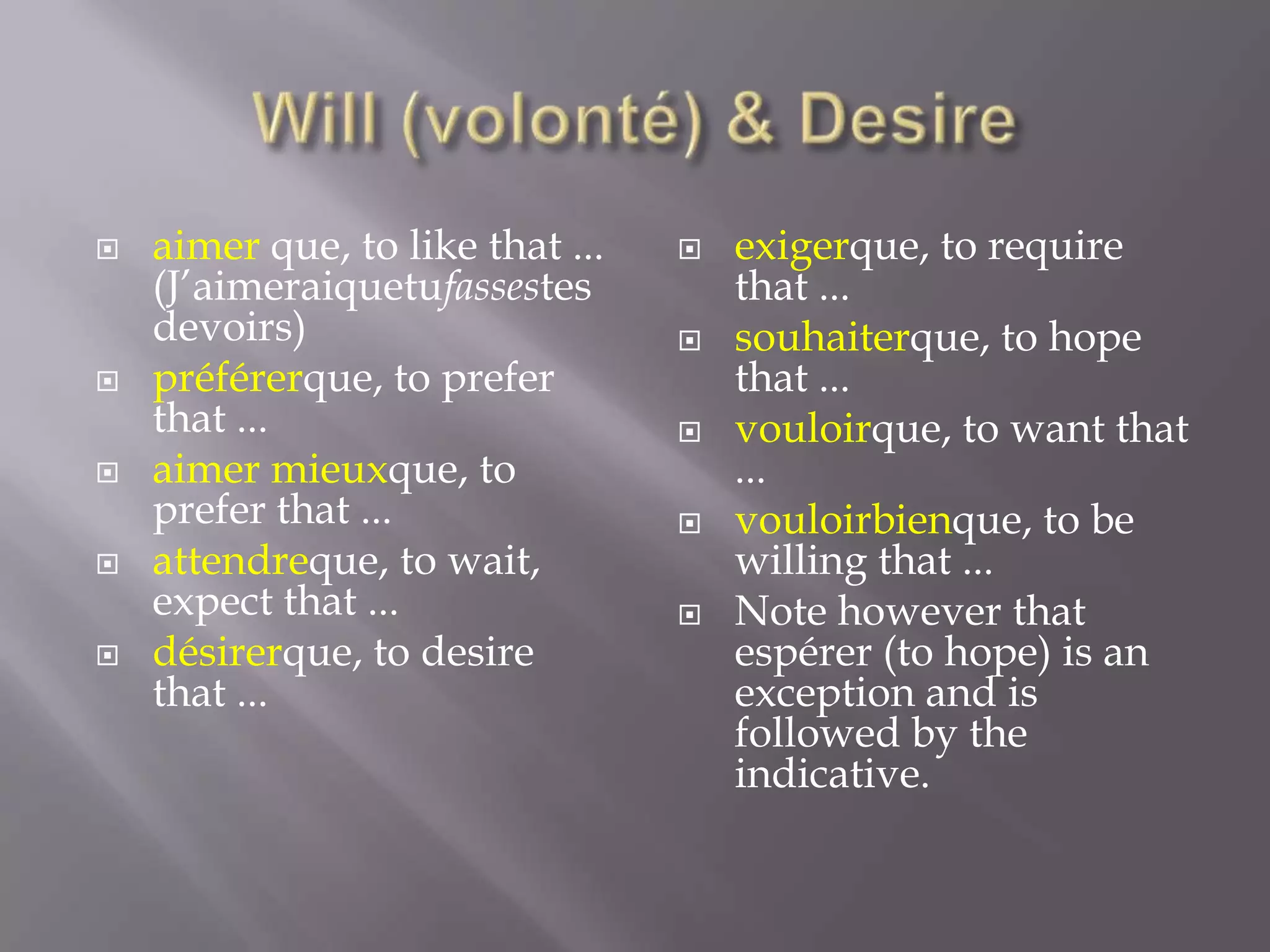 






aimer que, to like that ...
(J’aimeraiquetufassestes
devoirs)
préférerque, to prefer
that ...
aimer mieuxque, to
prefer that ...
attendreque, to wait,
expect that ...
désirerque, to desire
that ...








exigerque, to require
that ...
souhaiterque, to hope
that ...
vouloirque, to want that
...
vouloirbienque, to be
willing that ...
Note however that
espérer (to hope) is an
exception and is
followed by the
indicative.

 