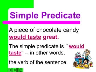Simple Predicate
A piece of chocolate candy
would taste great.
The simple predicate is ``would
taste'' -- in other words,
the verb of the sentence.
 