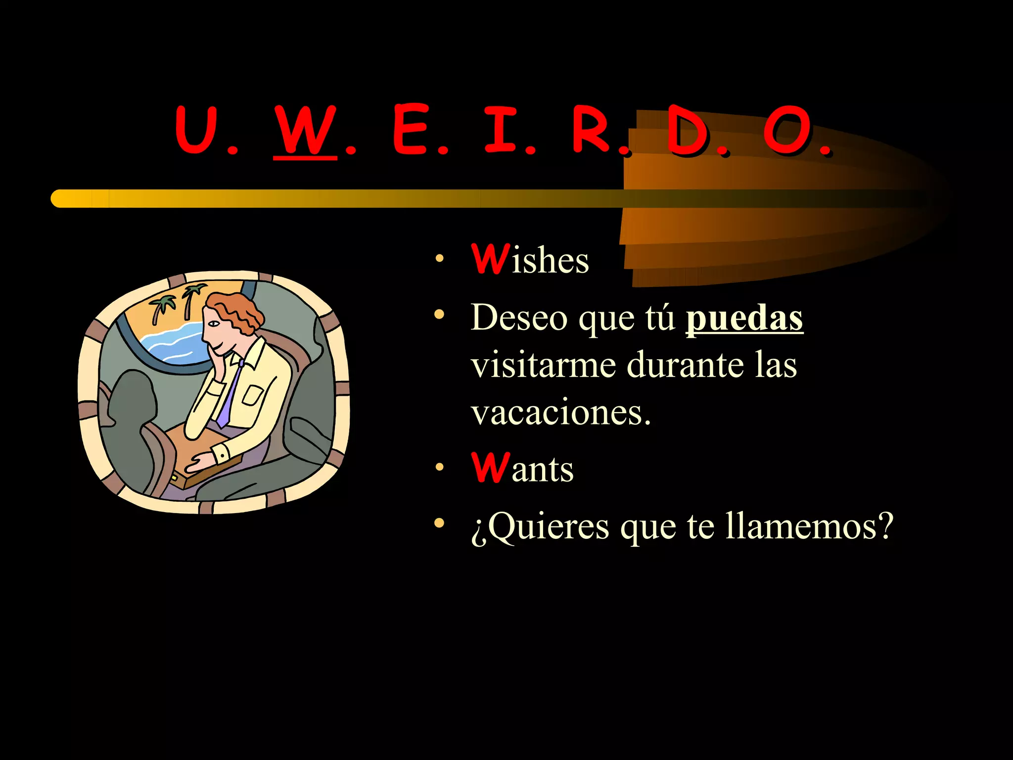 U. W. E. I. R. D. O.
       • Wishes
       • Deseo que tú puedas
         visitarme durante las
         vacaciones.
       • Wants
       • ¿Quieres que te llamemos?
 