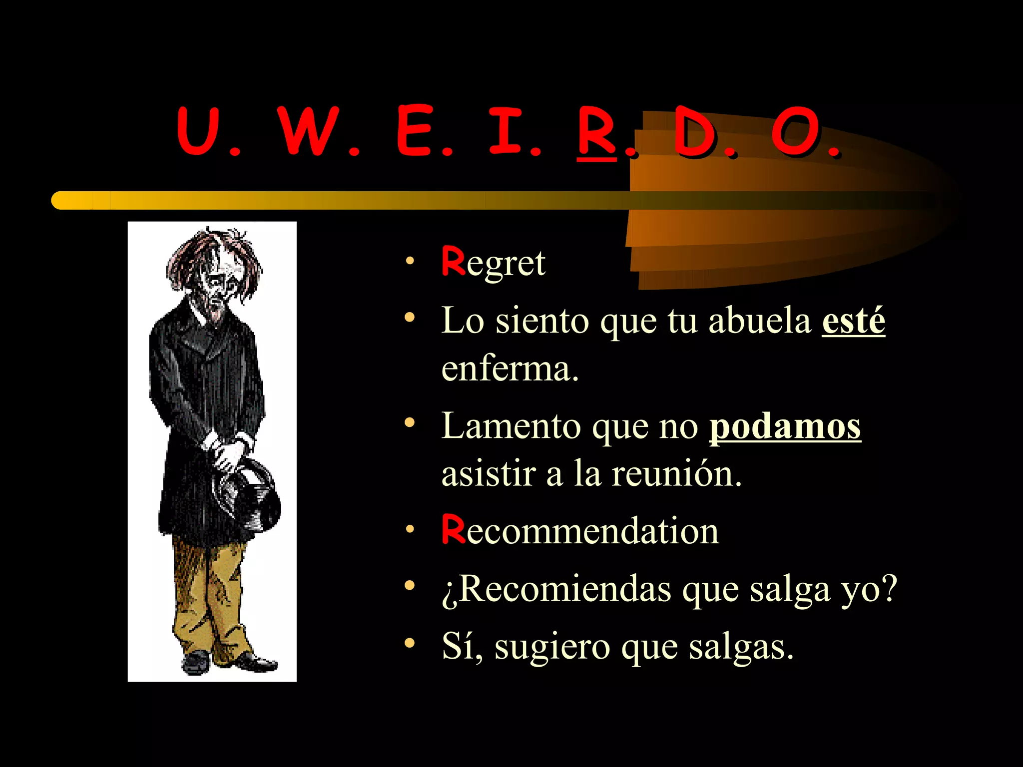 U. W. E. I. R. D. O.
      • Regret
      • Lo siento que tu abuela esté
        enferma.
      • Lamento que no podamos
        asistir a la reunión.
      • Recommendation
      • ¿Recomiendas que salga yo?
      • Sí, sugiero que salgas.
 