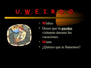U. W. E. I. R. D. O.
       • Wishes
       • Deseo que tú puedas
         visitarme durante las
         vacaciones.
       • Wants
       • ¿Quieres que te llamemos?
 