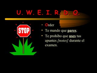 U. W. E. I. R. D. O.
       • Order
       • Te mando que pares.
       • Te prohibo que uses tus
         apuntes [notes] durante el
         examen.
 