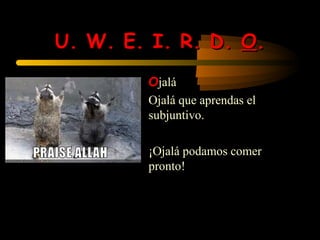 U. W. E. I. R. D. O.
       • Ojalá
       • Ojalá que aprendas el
         subjuntivo.

       • ¡Ojalá podamos comer
         pronto!
 