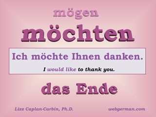 Ich möchte Ihnen danken.
I would like to thank you.

Lizz Caplan-Carbin, Ph.D.

webgerman.com

 