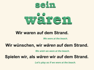Wir waren auf dem Strand.
We were at the beach.

Wir wünschen, wir wären auf dem Strand.
We wish we were at the beach.

Spielen wir, als wären wir auf dem Strand.
Let’s play as if we were at the beach.

 
