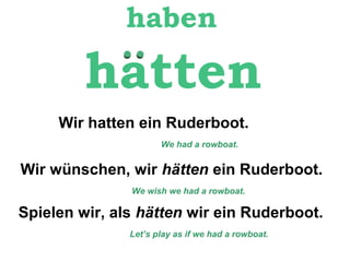 haben

hatten
Wir hatten ein Ruderboot.
We had a rowboat.

Wir wünschen, wir hätten ein Ruderboot.
We wish we had a rowboat.

Spielen wir, als hätten wir ein Ruderboot.
Let’s play as if we had a rowboat.

 