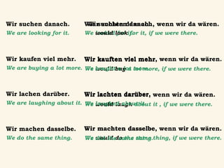 Wir suchen danach.

Wir suchten danach. wenn wir da wären.
Wir suchten danach,

We are looking for it.

We would lookit. it, if we were there.
looked for for

Wir kaufen viel mehr.

Wir kauften viel mehr, wenn wir da wären.
mehr.

We are buying a lot more. We boughtbuy a more.
would a lot lot more, if we were there.

Wir lachen darüber.

darüber.
Wir lachten darüber, wenn wir da wären.

We are laughing about it. We laughed about it. it , if we were there.
would laugh about

Wir machen dasselbe.

Wir machten dasselbe, wenn wir da wären.
dasselbe.

We do the same thing.

would do the same
We did the same thing.thing, if we were there.

 