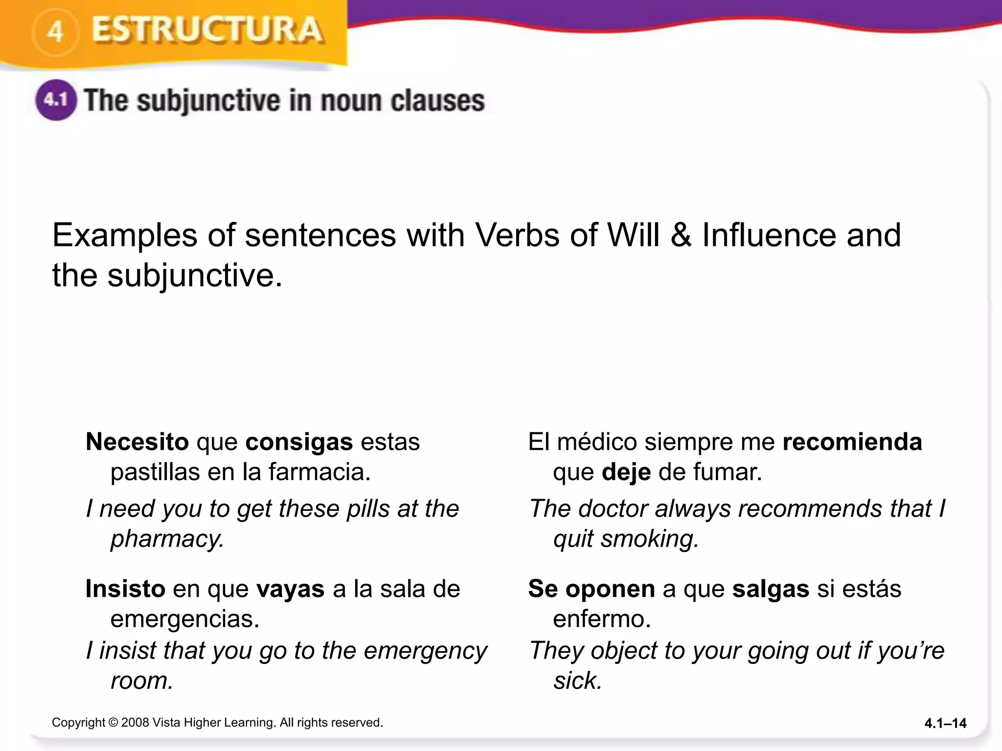 Examples of sentences with Verbs of Will & Influence and
the subjunctive.



      Necesito que consigas estas                              El médico siempre me recomienda
         pastillas en la farmacia.                               que deje de fumar.
      I need you to get these pills at the                     The doctor always recommends that I
         pharmacy.                                               quit smoking.

      Insisto en que vayas a la sala de                        Se oponen a que salgas si estás
         emergencias.                                            enfermo.
      I insist that you go to the emergency                    They object to your going out if you’re
         room.                                                   sick.
Copyright © 2008 Vista Higher Learning. All rights reserved.                                        4.1–14
 