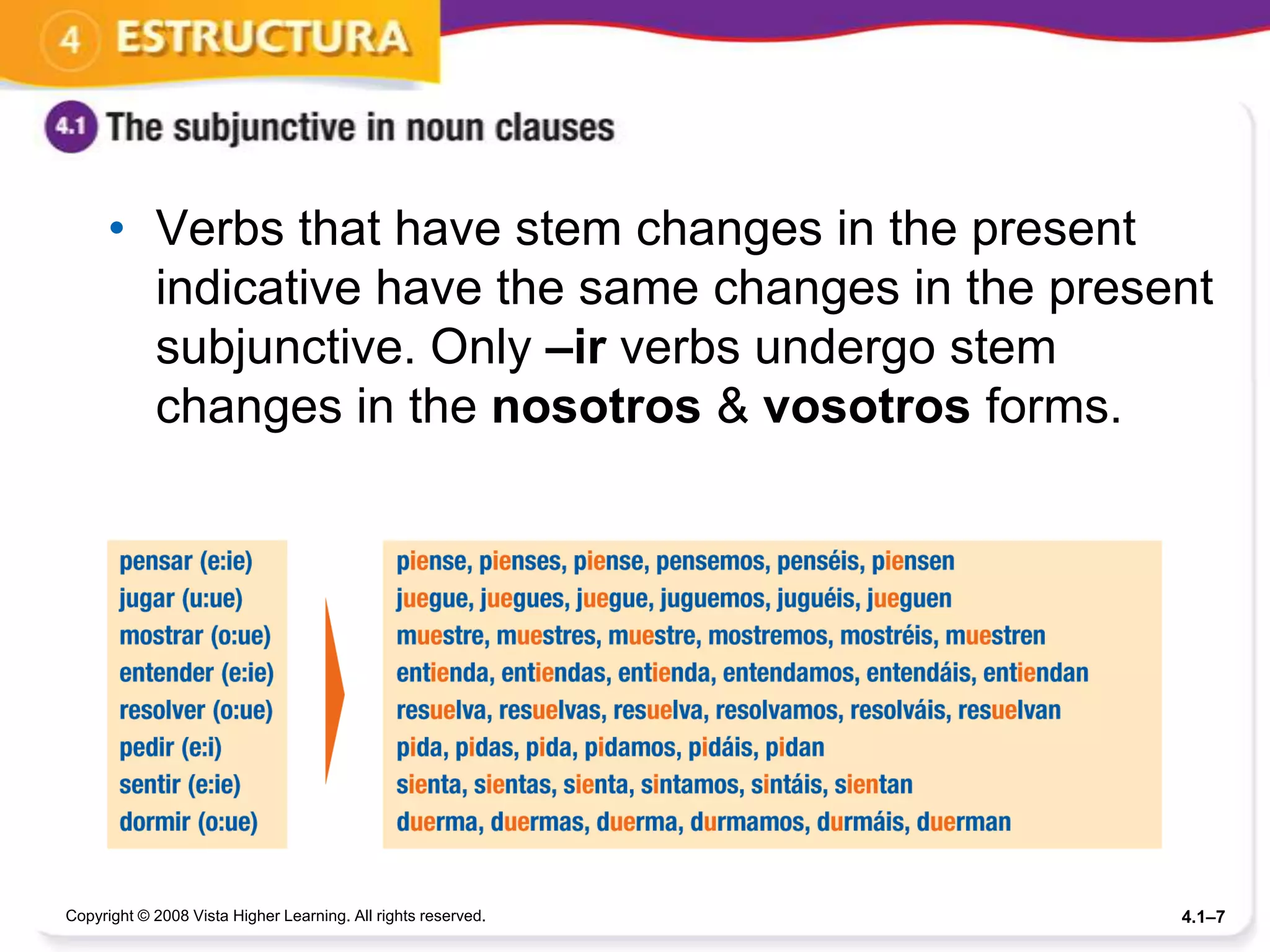 • Verbs that have stem changes in the present
        indicative have the same changes in the present
        subjunctive. Only –ir verbs undergo stem
        changes in the nosotros & vosotros forms.




Copyright © 2008 Vista Higher Learning. All rights reserved.   4.1–7
 