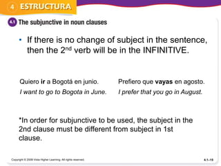 • If there is no change of subject in the sentence,
        then the 2nd verb will be in the INFINITIVE.


      Quiero ir a Bogotá en junio.                             Prefiero que vayas en agosto.
      I want to go to Bogota in June.                          I prefer that you go in August.



      *In order for subjunctive to be used, the subject in the
      2nd clause must be different from subject in 1st
      clause.

Copyright © 2008 Vista Higher Learning. All rights reserved.                                     4.1–15
 