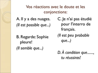 Vos réactions avec le doute et les
                conjonctions:
A. Il y a des nuages.      C. Je n'ai pas étudié
(Il est possible que...)      pour l'interro de
                              français.
B. Regarde: Sophie         (Il est peu probable
   pleure!                    que...)
(Il semble que...)
                           D. À condition que.......,
                             tu réussiras!
 
