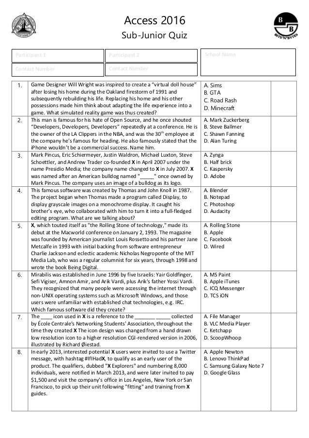 Access 2019 Sub Junior Quiz Prelims Questions  Answers 