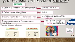 ¿CÓMO CONJUGAMOS EN EL PRESENTE DEL SUBJUNTIVO?
subjuntivo
presente
del
subjuntivo
1. Usamos la forma de –YO en el presente caminar>>>camino
camin
Es importante que nosotros
caminemos
2. Quitamos (take away) la –o
3. Insertamos las terminaciones correctas
4. Los irregulares en la forma de Yo se
mantienen
María quiere que yo
camine por las tardes.
caminar
 