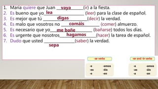 1. María quiere que Juan ______________(ir) a la fiesta.
2. Es bueno que yo_____________________ (leer) para la clase de español.
3. Es mejor que tú _______________________(decir) la verdad.
4. Es malo que vosotros no ____________________ (comer) almuerzo.
5. Es necesario que yo______________________ (bañarse) todos los días.
6. Es urgente que nosotros___________________(hacer) la tarea de español.
7. Dudo que usted ________________(saber) la verdad.
vaya
lea
digas
comáis
me bañe
hagamos
sepa
 