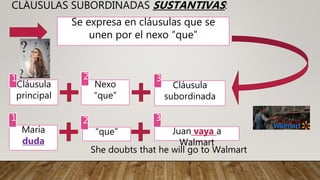 CLÁUSULAS SUBORDINADAS SUSTANTIVAS:
Se expresa en cláusulas que se
unen por el nexo “que”
Cláusula
principal
Nexo
“que”
Cláusula
subordinada
1 2 3
María
duda
“que” Juan vaya a
Walmart
1 2 3
She doubts that he will go to Walmart
 
