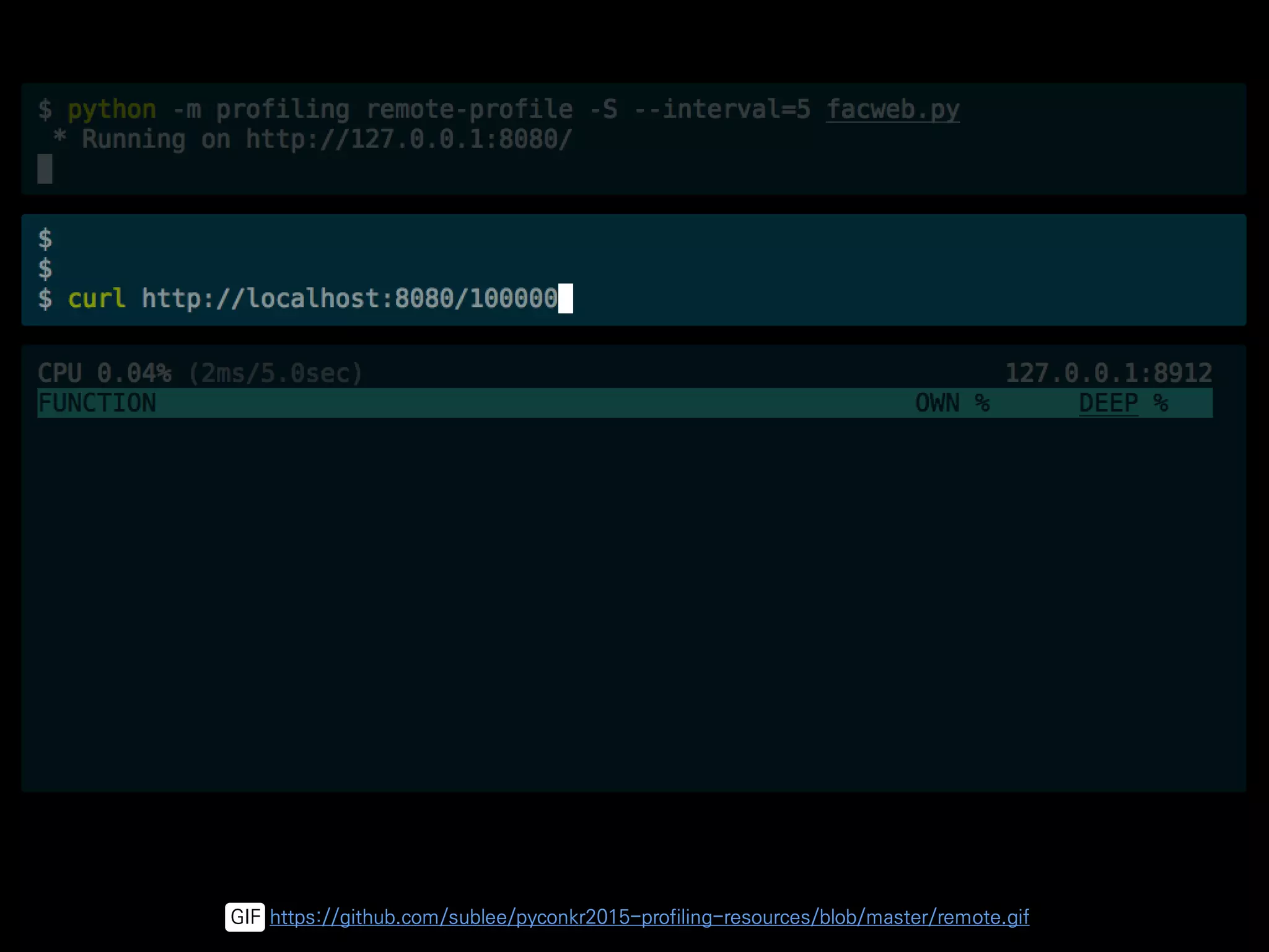 GIF https://github.com/sublee/pyconkr2015-profiling-resources/blob/master/remote.gif
 